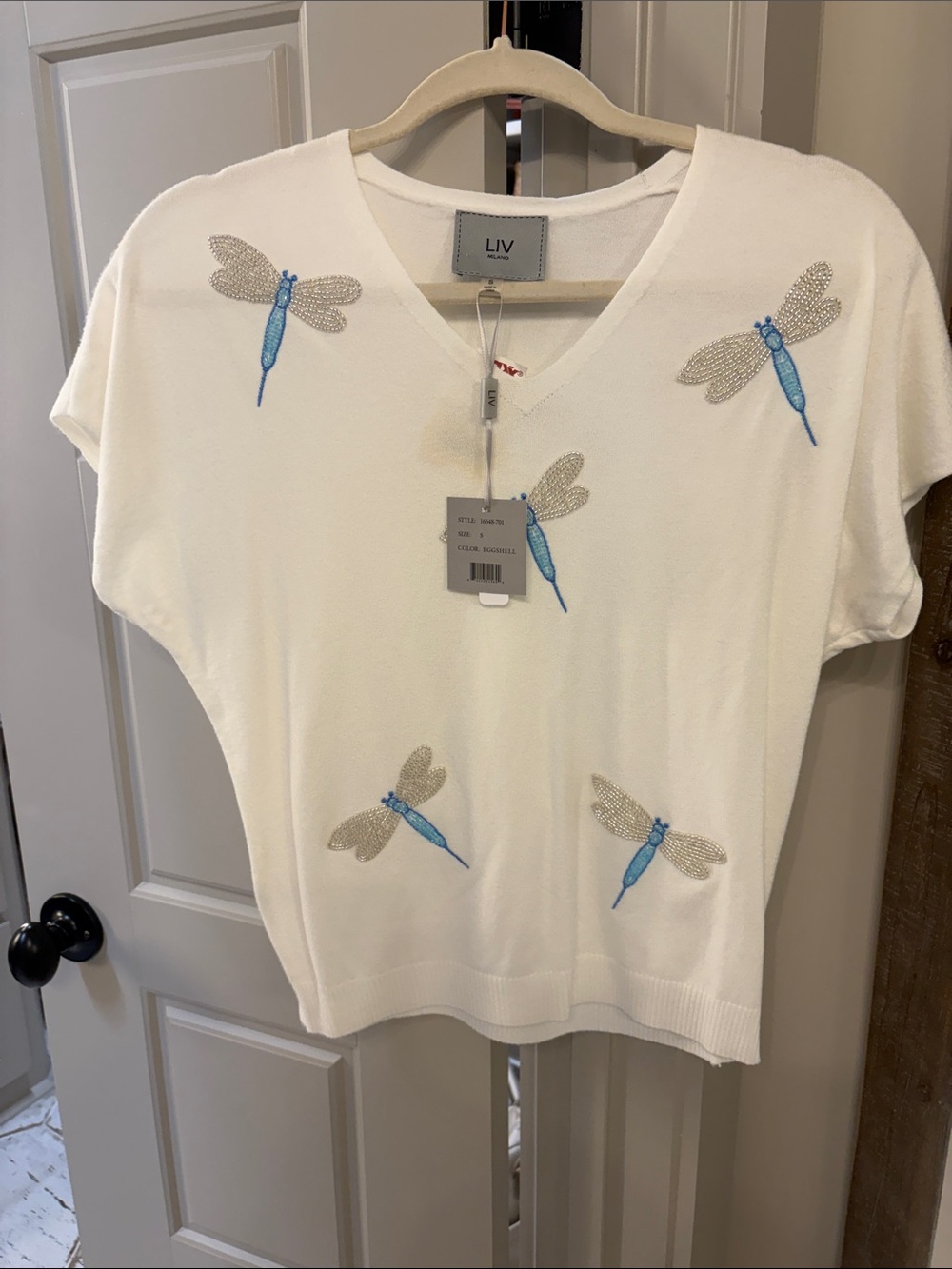 LIV White V-Neck Sweater with Blue Dragonfly Embellishments